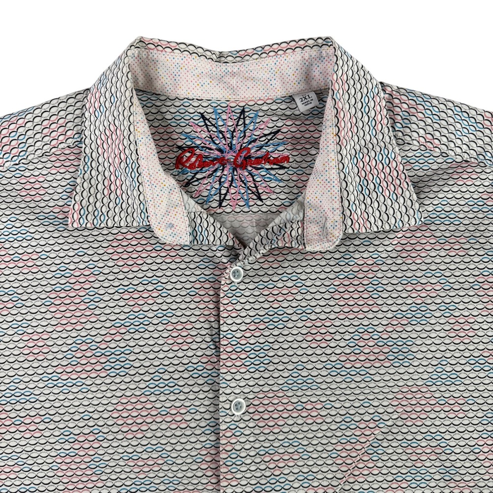Robert Graham Button Down Shirt Mens 2XL‎ White Geometric Wave Short Sleeve